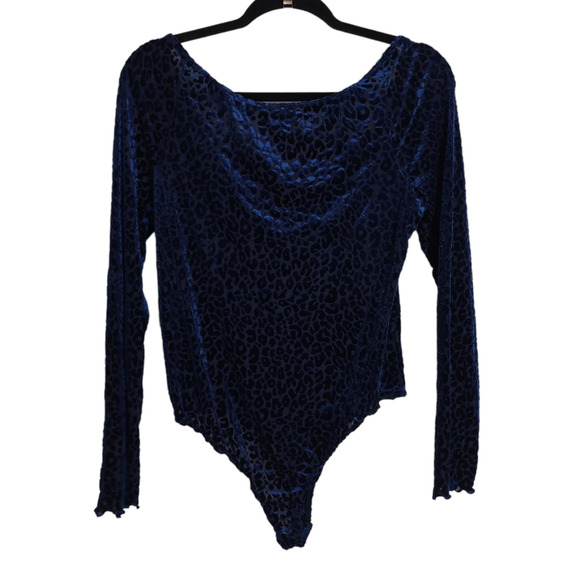 Free Press Bodysuit Womens L Blue Velvet Burnout Leopard Long Sleeve Stretch New - Picture 2 of 12
